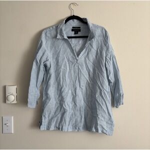 Tahari Womens Large Woven Linen Top Collared Blouse Blue Coastal Preppy‎